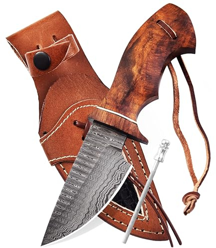 UA KNIVES 9 Inch Custom Handmade Damascus Steel Hunting Knife with Leather Sheath and Fire Starter | Full Tang Outdoor Survival Knife with Rosewood Handle | Camping, Fishing, Gift (Rose Wood)