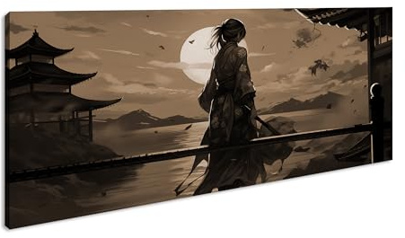 Leinwandbild Samurai im roten Kimono bewundert einen feurigen Sonnenuntergang. Panorama Format: 100x50 cm Effekt: Sepia XXL Kunstdruck Bild auf Keilrahmen/Wandbild/Wohnzimmer Deko