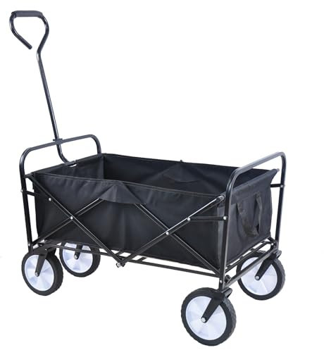 Finetree Heavy Duty Black Folding Garden Trolley Cart – 70kg Capacity Pull-Along Festival Wagon Wheelbarrow Truck with Steel Frame and Rubber Wheels​
