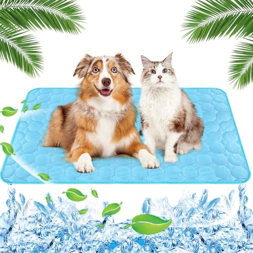 Yegookay 100 * 75cm Tapis de Refroidissement pour Animaux Durable Ice Silk Pet Cooling Mats Doux et lavables Résistant aux Rayures et Aux Morsures pour Pelouse du Siège de Voiture du Canapé (Bleu XL)