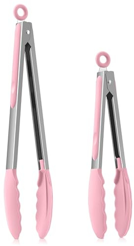 Homikit köktång, rostfritt stål, grilltång, set om 2 med värmebeständigt silikonhandtag, non-stick silikonspets, 30,3 cm & 23,7 cm rosa kötttång med lås för matlagning grillning servering