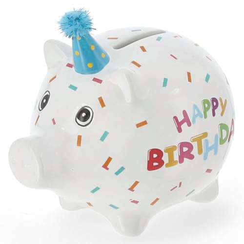 MIJOMA Spardose Happy Birthday – Sparschwein aus Dolomit mit Partyhut – Geburtstagsgeschenk – Deko-Geldgeschenk zur Geburtstagsfeier (M: 14 x 12 x 10 cm)