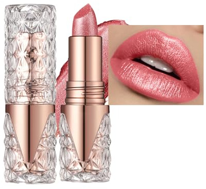 Pearl Shimmer Lipstick Pink High Impact Lipcolor, Lightweight Soft Hydrating Diamond Glitter Lip Stick, Waterproof Long Lasting Pearlescent Lip Tinted for Women
