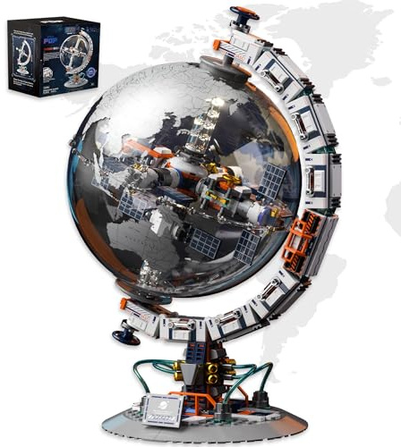 Lodikisbay Space Station Globe Building Set for Adults, 360° Rotatable STEM Toys with Dual Illumination Modes, Compatible with Lego, Hobby Gifts for Adults/Teens Home Decor