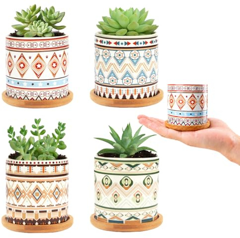 Nasxkji 4 Pcs Small Ceramic Plant Pots 7.3cm Ethnic Stripe Pattern Indoor | High-Fired Ceramic, Bamboo Tray, Drainage Hole, Glazed Ceramic, Plants Not Included, for Indoor Decor and Mini-Plants