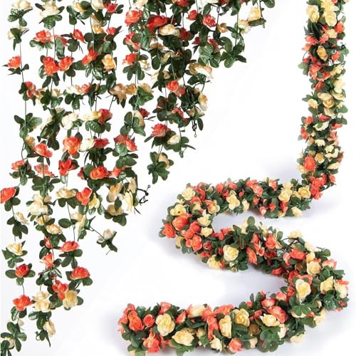 Sumneo 2 Stück Rosen Girlande künstliche Blumen 2,4 Meter mit 45 Blüten aus Kunstseide - Deko für Hochzeitsbogen, Garten, Balkon, Wohnzimmer, Wand, Büro, Party (Orange)