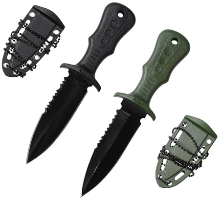 Pumwoy 2 Piezas Cuchillo de Cuello, 3Cr13 Acero, Mini Cuchillo de Hoja Fija con Funda y Cadena de Bolas, CuchilloBushcraft para Supervivencia, Camping, Senderismo