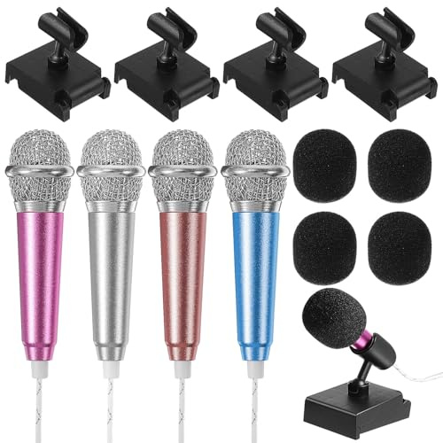 GOOHOCHY 4 Sets Mini Microphone Kit with Sponge Covers and Desktop Stands Portable Singing Mics Compatible with Phones and Laptops for Karaoke Recording and Party Entertainment
