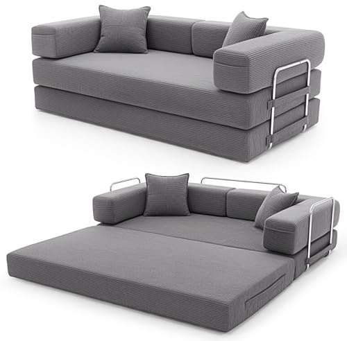 YINIX Folding Sofa Bed 160cm King Size, Convertible Modular Sofa, Corduroy Boneless Couch with Metal Frame, 2 Seater Floor Futon Mattress, Non Slip Base, Washable Cover