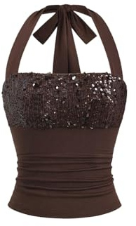 Verdusa Women's Sequin Sparkly Crop Tops Tie Backless Halter Top Rave Outfits Coffee Brown X-Small