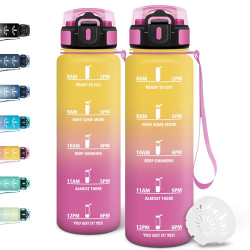 Motswedi Gourde 1l, Anti Fuite, Gourde Sport, Réutilisable, Bouteille d'eau, sans BPA, Bouteille Reutilisable, pour Randonnée, Fitness, Yoga, Camping, Sport, Jaune & Rose