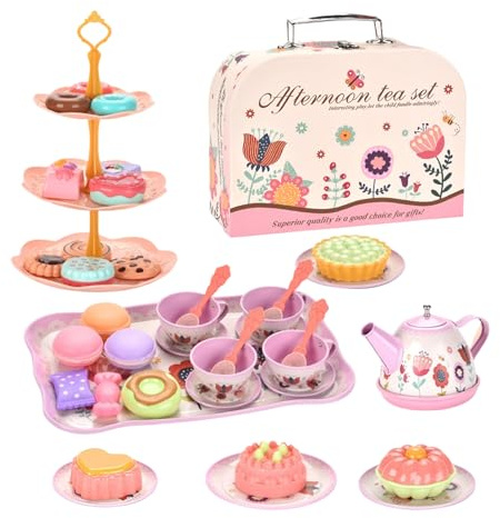 Service à thé pour - Jouet de fête de thé 24x15,8 cm avec Motif Floral | Service en Fer Blanc ABS pour d'âge préscolaire de 3 à 6 Ans – Mini Ensemble de Cuisine, Cadeau d'anniversaire,