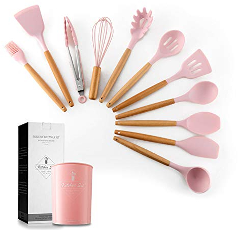 11 pièces de batterie de cuisine en silicone ensemble poignée en bois résistant à la chaleur seau de rangement de gadget de cuisine ustensiles de cuisine antiadhésifs (Rose)