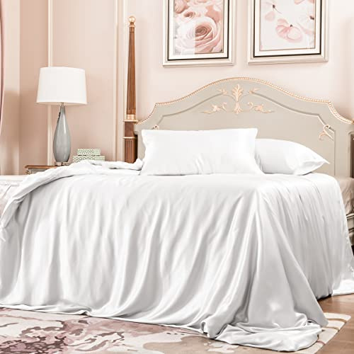 PROMEED 100% Mulberry Silk Duvet Cover Set 3PCS Queen Size, Real 23 Momme Grade 6A Silk Bedding Set with Duvet Cover and Pillowcases (White, Queen)