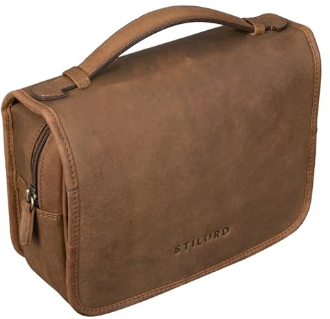 STILORD Arlo Leder Kulturtasche zum Aufhängen Kulturbeutel Waschtasche mit Henkel und Ring Reise Necessaire Vintage Leder Toilettentasche für Damen und Herren Farbe:mittel - braun