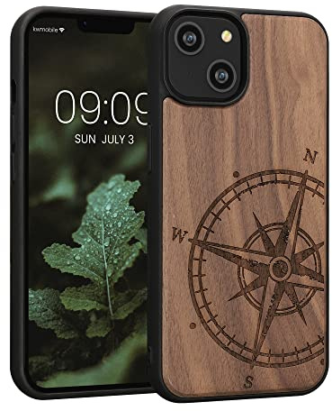kwmobile Handyhülle für Apple iPhone 14 Hülle Holz - Case mit TPU Bumper - Stoßfestes Hardcase - Schutzhülle Cover in Dunkelbraun