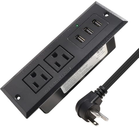 Desktop Recessed Power Strip with USB Flush Mount Power Socket 2 Outlets 3 USB Ports (15W/3A) Flat Plug Charge Station for Table Cabinet Sofa Counter