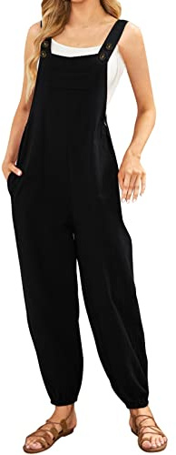 Salopette da donna in cotone e lino, senza maniche, casual, a tinta unita, tute durevoli da lavoro, a gamba larga, pantaloni harem con tasche