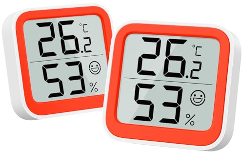NOKLEAD Termómetro Medidor de Humedad Interior Mini Higrómetro Monitor Dispositivo de medición de Temperatura Ambiente con Icono de Cara Indicador de Comodidad Interruptor (2, Naranja, 5cm)
