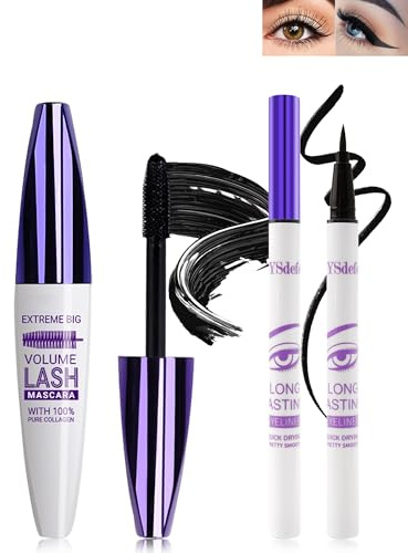 5D Schwarz Seidenfaser Mascara und Flüssiger Eyeliner Set Wasserfester Frau | Black Liquid Eyeliner Wischfester,Langlebige Volumizing Curling Verlängerung Wimpern Wimperntusche für Party Augen Makeup