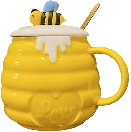 Huiyiwert Tasse à café mignonne 400 ml - Tasse à café en céramique avec couvercle et cuillère - Jolie tasse de bureau - Tasse à lait - Tasse à cacao - Cadeau pour femmes, filles, petite amie (jaune)