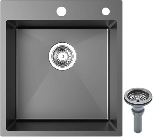 Fregadero de cocina Coubird negro de acero inoxidable empotrado pequeño de un solo tazón con accesorios de desagüe adecuado para cocinas, autocaravanas, bares y cuartos de servicio (45x50cm)