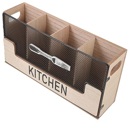 Caja de Cubiertos de Encimera de Madera Rejilla, Multi-compartimento