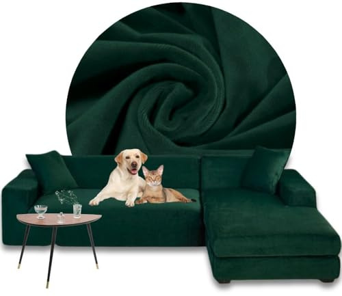 Domidekor Sofa Überzug L-Form – Elastischer Samt Couchbezug, Weich und Wasserdicht – Couch überzug fur 2/3 Sitzer, Sofaüberwurfe mit Anti-Rutsch-Schaumstoffe, Dunkelgrün, Rechts