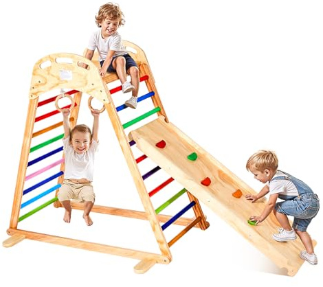 VEVOR Aire de Jeux Intérieure en Bois 4-en-1, avec Planche à Grimper, Toboggan, Échelle en Bois et Anneaux de Gymnastique, Structure de Jeux pour Enfants, Style Montessori, Capacité de Charge 100 kg