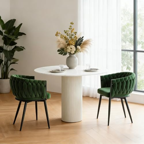 Relbiety Esszimmerstühle 2er Set mit Armlehne, Moderne Polsterstühle aus Samt mit gewebter Rückenlehne und Metallfüßen, Schminkstühle Küchenstühle für Wohnzimmer Schlafzimmer Küche,Grün