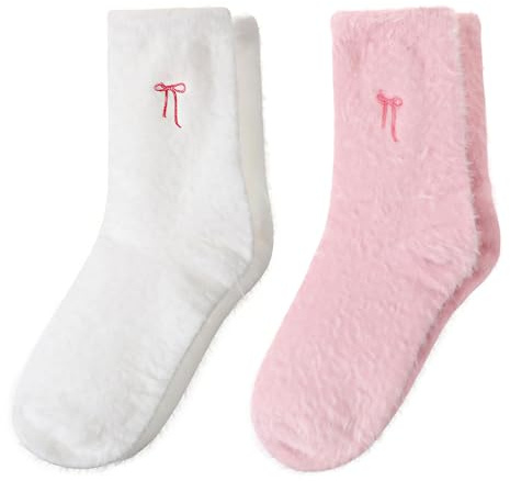 VelvetGlow 2 paires de chaussettes douillettes pour femmes, épaisses, chaussettes avec nœuds, chaussettes douces pour la maison, chaussettes de spa à domicile, pour dormir, ludiques et confortables