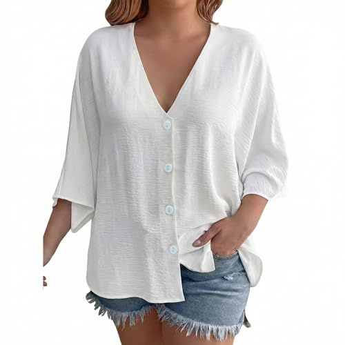 viiotu Womens 3/4 Sleeve Blouse V Neck Top, Loose Fit Summer Shirt Lightweight Breathable Linen, Stretch Casual Work Office Blouse