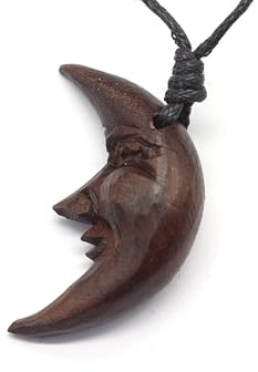 Drachensilber Mond Holz Kettenanhänger mit längenverstellbarem Baumwollband – 100% Handarbeit Anhänger Kette Holzschmuck – mystischer Schmuck Damen Herren