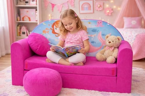 Kindersofa Schlafsofa mit Bettfunktion H4 Rosa mit Hocker + Kissen | Leicht, schnell aufklappbar – abnehmbarer Bezug, waschbar bei 30 °C