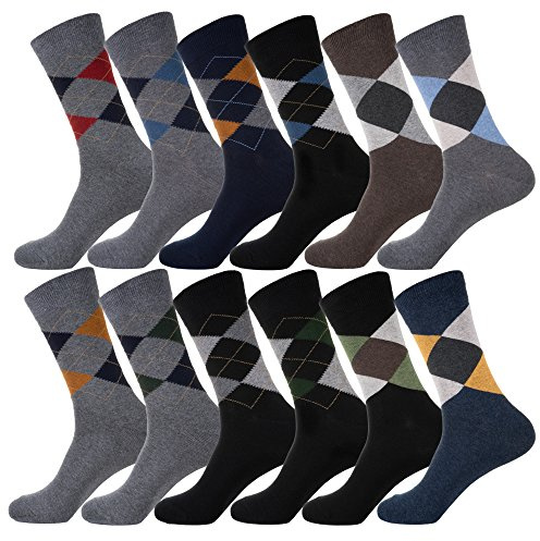 YEJIMONG Men’s 12 Pairs Cotton Colorful Stripe Argyle Designed Business Dress Socks Size 8-12 (Argyle Assorted)