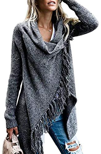 CEASIKERY Dam tofs fåll tröja lång cardigan stickad pullover poncho rock, Mörkgrått, M