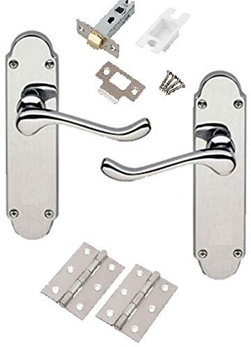 Golden Grace Epsom Design Victorian Scroll Door Handles Lever on Shaped Backplate - Latch Door Pack with Hinges & Latch - Polished Chrome, 1 Set