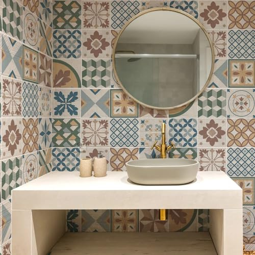 RE-COVERTILES - 36 Pcs Carrelage adhésif 10x10 cm PS00207 Mosaïque de Azulejos Autocollant mural décorative à Carreaux de ciment pour Salle de Bains et Cuisine Stickers cementine peel and stick