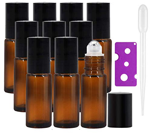 JamHooDirect 10Pcs, 5Ml Essential Oils Roll on Bottles Mini Refillable Amber Glass Roller Bottles with Stainless Steel Roller Balls,(Includes 1 Bottle Opener & 12Pcs Label)