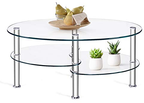 DREAMADE Couchtisch Glass oval, Sofatisch mit Metallgestell und dicken gehärteten Glas, Glastisch mit DREI Schichten Stauraum, Beistelltisch im Moderne Stil, ideal für Wohnzimmer & Büro (Transparent)
