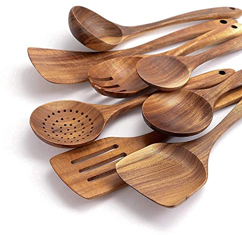 JUJOYBD Holzlöffel zum Kochen, 8-teilig, Holzutensilien Küchenhelfer-Set aus Teakholz, Holzspatel Pfannenwender für Antihaftpfannen