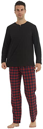 YUSHOW Pijamas para Hombre, Conjunto de Forro Polar a Cuadros, Ropa de Dormir Suave, Pantalones de Algodón con Parte Superior de Manga Larga