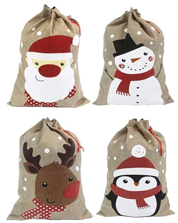 Weihnachtssäcke. 35 x 50 cm große mittelgroße Weihnachtssäcke aus Jute. Weihnachtsbeutel aus Jute mit Kordelzug. 4 Designs: Weihnachtsmann, Schneemann, Rentier, Pinguin. 4er-Pack.