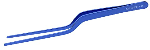 CREATIVECHEF 8 Inch Curved Stainless Steel Precision Kitchen Cooking Multi-function Tweezers Culinary Offset Tweezer Tongs (Curved, Blue)