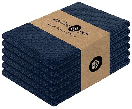 Native Fab Cotton Kitchen Towel with Hanging Loop 16x26 inches, 6-Pack, Waffle Weave Kitchen Towels for Cleaning Drying, Washcloths Soft & Absorbent Cloth Rags, Bar Towel, Dish Cloth, Navy