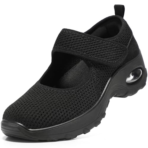 STQ Womens Walking Shoes Non Slip Orthopedic Shoes Orthotic Adjustable Mary Jane Shoes All Black, Size 7