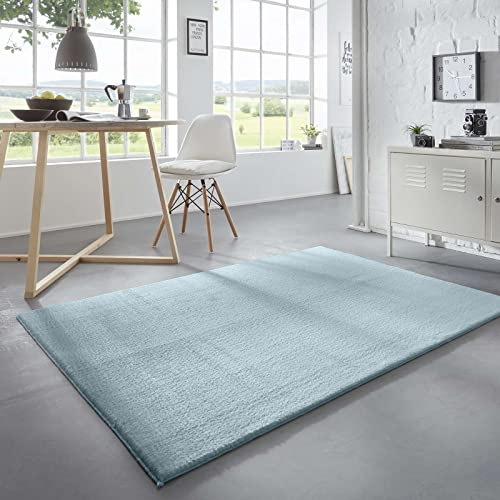 Taracarpet Waschbarer Flauschiger Uni Kurzflor Teppich, Anti-Rutsch, Felloptik, Super Soft Hellblau 160x230 cm