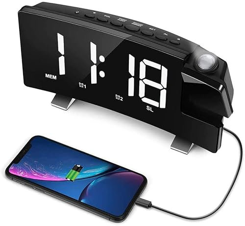 ATAAY Pièces Automobiles Projection Plafond Horloge Murale Projecteur numérique Radio-réveil Radio FM Horloge 7.1 Large écran incurvé LED Horloge numérique de Bureau/étagère Chargement USB (Blanc)