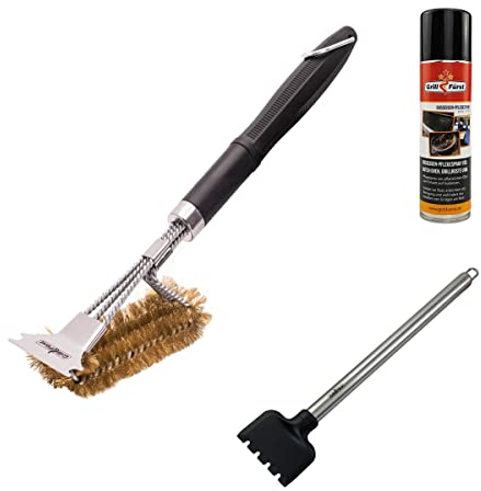 Grillfürst Grillbürste für Gusseisenroste mit Messingborsten und Schaber, Gusseisen Pflegespray und Spezialschaber