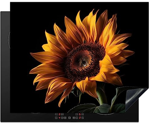 KitchenYeah© Herdabdeckplatte Einteilig Ceranfeld Abdeckplatte für | 65x52 cm - Induktionsschutz Ceranfeldabdeckung Vinyl Herdabdeckplatten Blumen - Botanik - Schwarz - Sonnenblume - Gelb